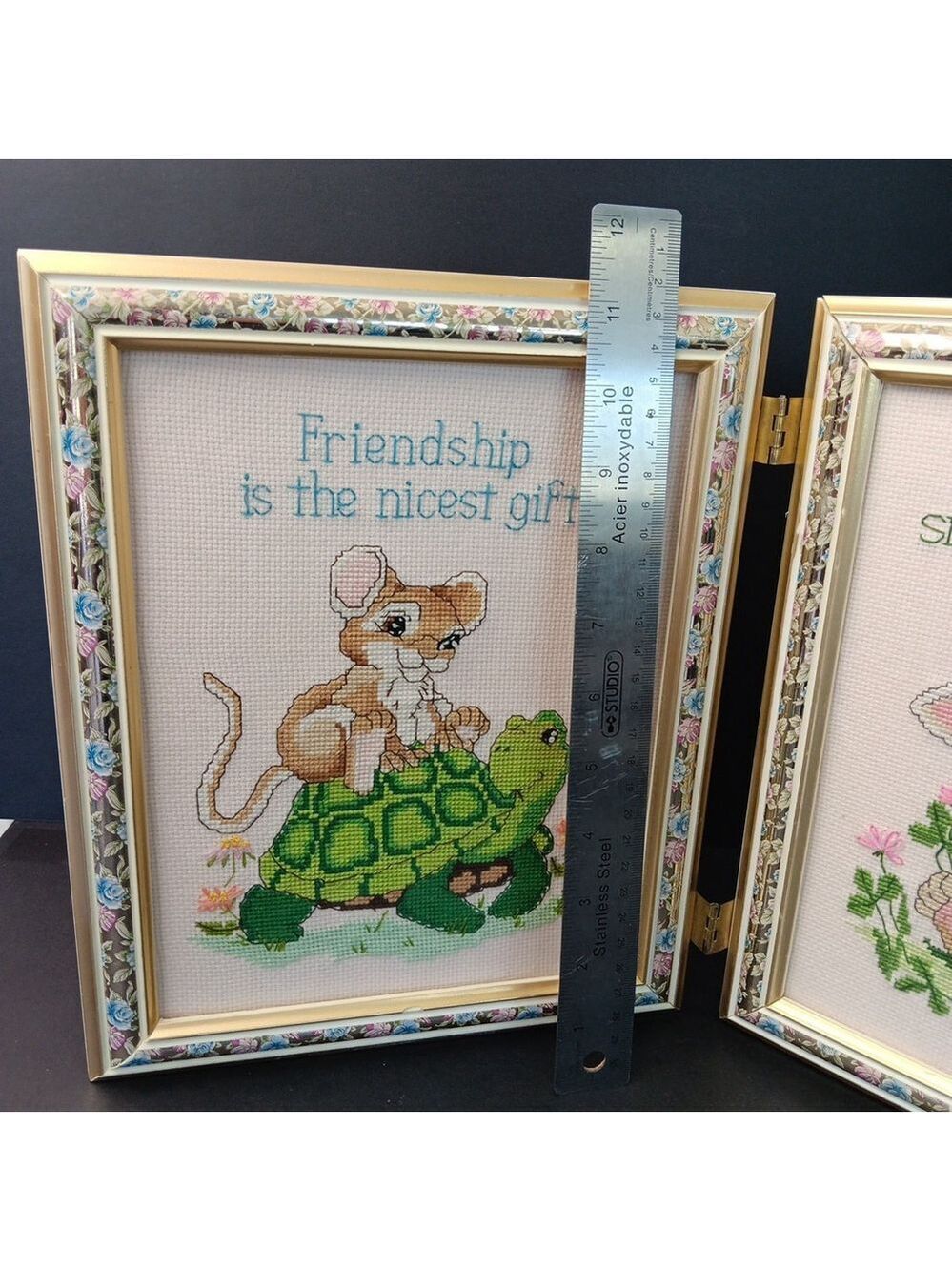 Needlepoint Finished In Frame Desk Decor Gorgeous! Turtle Rabbit Mouse Canada - Picture 3 of 16